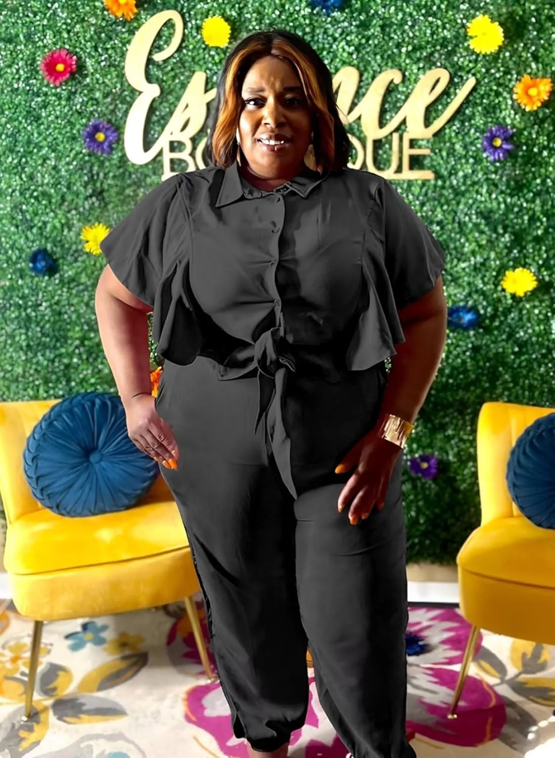 ThusFar Women Plus Size 2 Piece Outfits Sleeveless Ruffle Crop Top Casual Tracksuits Bodycon Pocket Lounge Matching Set