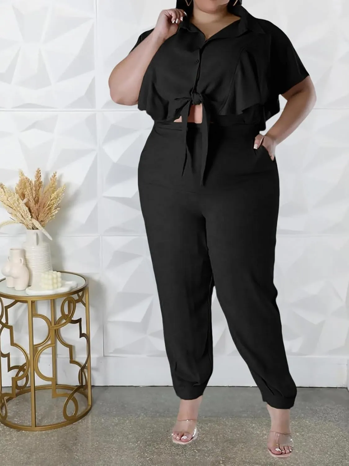 ThusFar Women Plus Size 2 Piece Outfits Sleeveless Ruffle Crop Top Casual Tracksuits Bodycon Pocket Lounge Matching Set