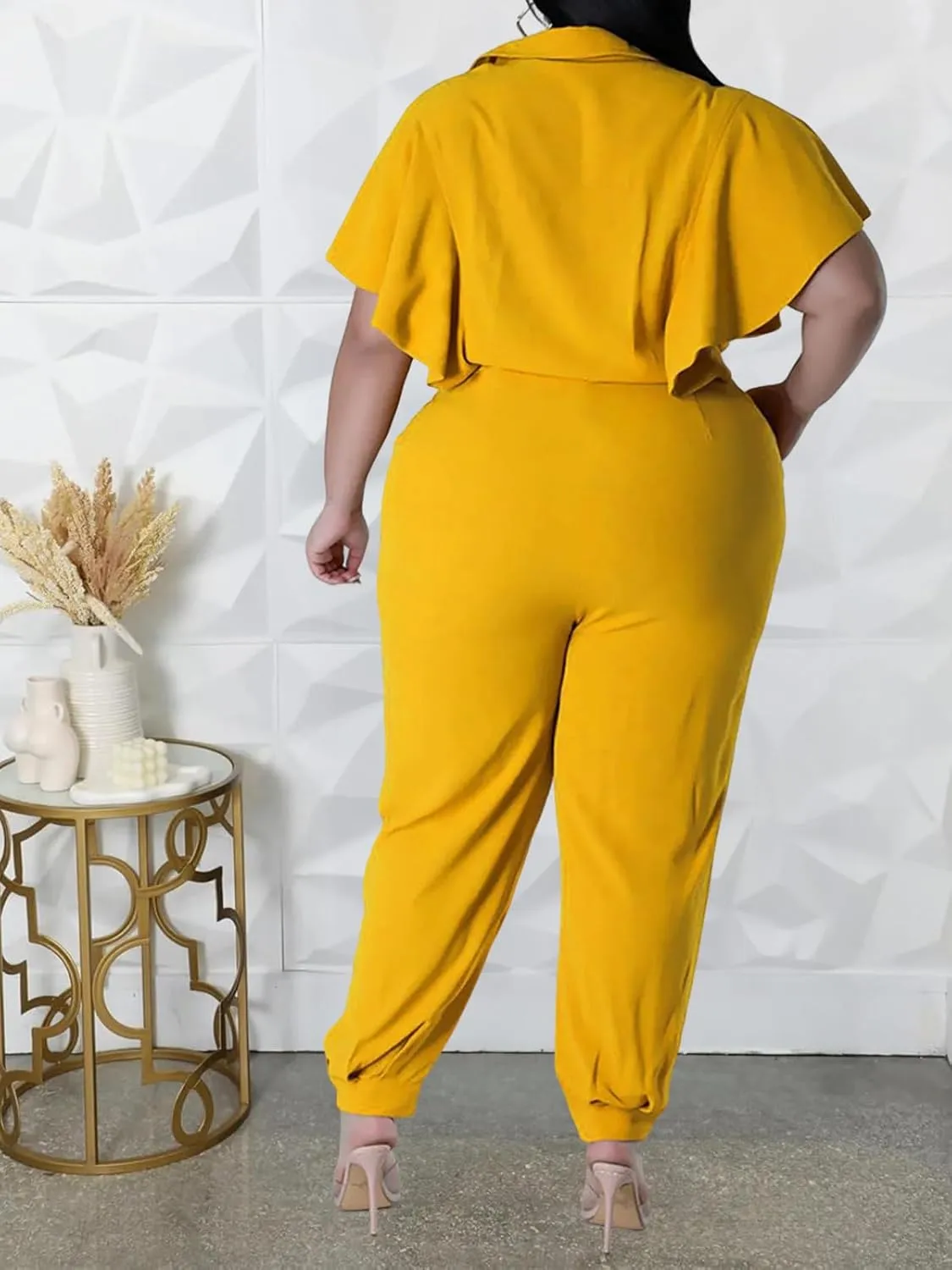ThusFar Women Plus Size 2 Piece Outfits Sleeveless Ruffle Crop Top Casual Tracksuits Bodycon Pocket Lounge Matching Set