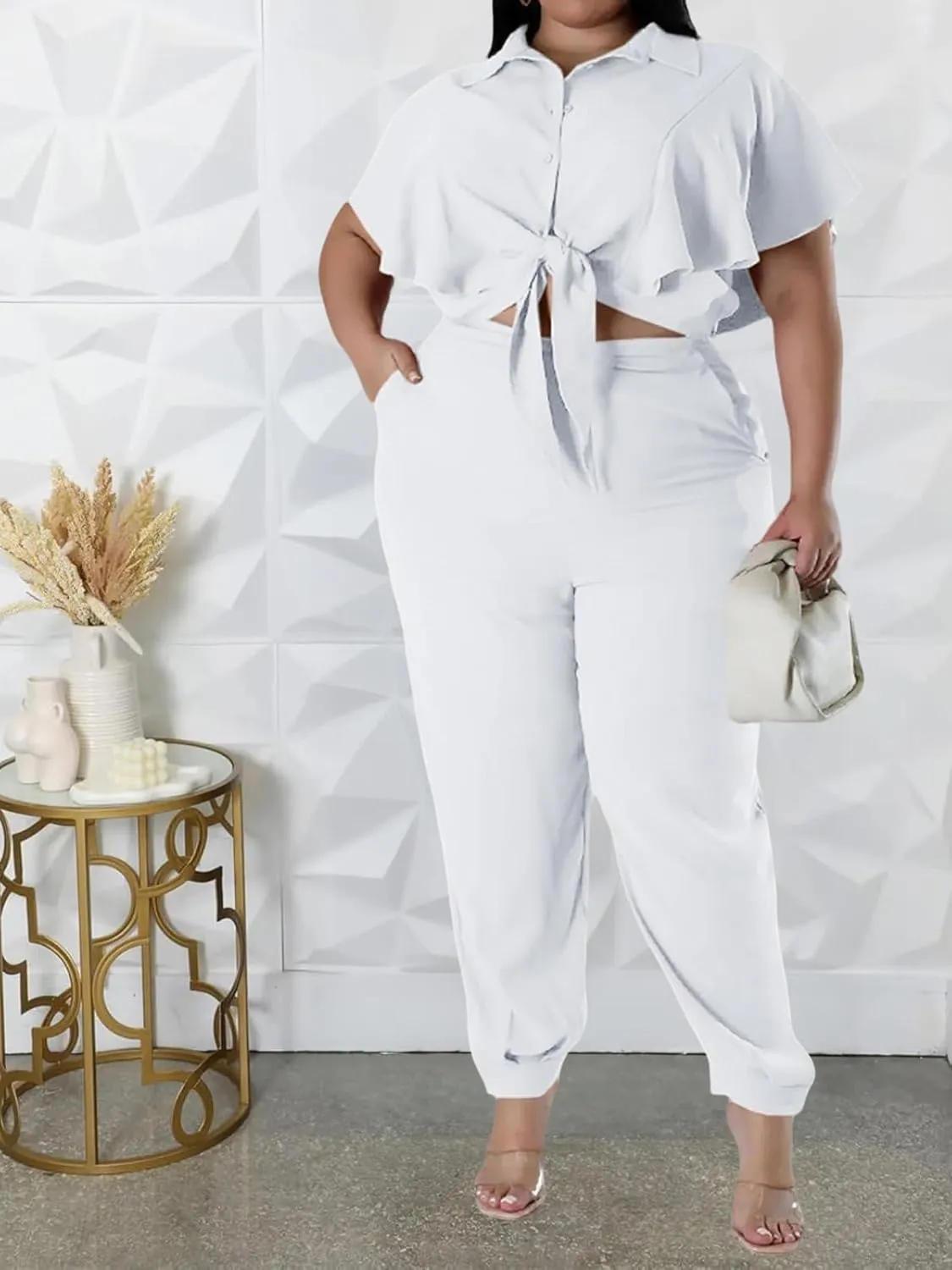 ThusFar Women Plus Size 2 Piece Outfits Sleeveless Ruffle Crop Top Casual Tracksuits Bodycon Pocket Lounge Matching Set
