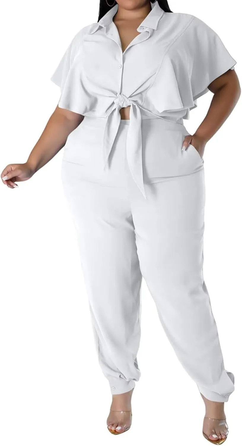 ThusFar Women Plus Size 2 Piece Outfits Sleeveless Ruffle Crop Top Casual Tracksuits Bodycon Pocket Lounge Matching Set