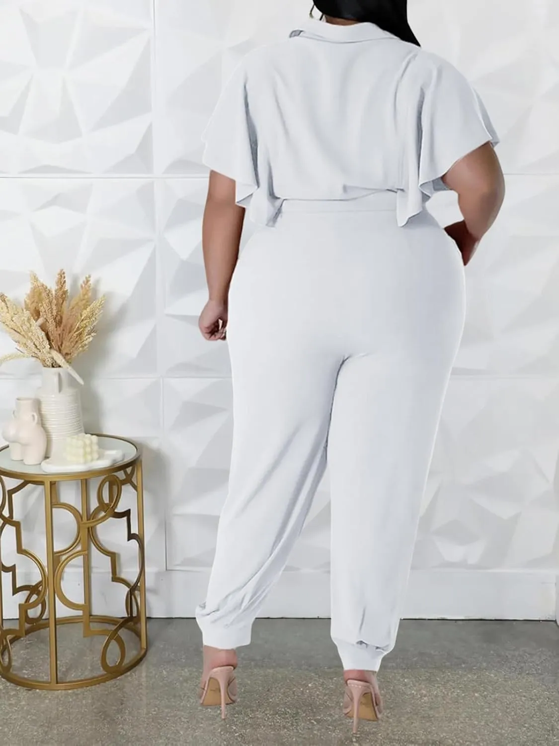 ThusFar Women Plus Size 2 Piece Outfits Sleeveless Ruffle Crop Top Casual Tracksuits Bodycon Pocket Lounge Matching Set