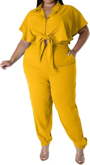 ThusFar Women Plus Size 2 Piece Outfits Sleeveless Ruffle Crop Top Casual Tracksuits Bodycon Pocket Lounge Matching Set