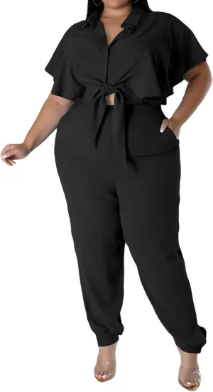 ThusFar Women Plus Size 2 Piece Outfits Sleeveless Ruffle Crop Top Casual Tracksuits Bodycon Pocket Lounge Matching Set