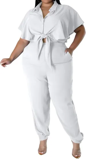 ThusFar Women Plus Size 2 Piece Outfits Sleeveless Ruffle Crop Top Casual Tracksuits Bodycon Pocket Lounge Matching Set