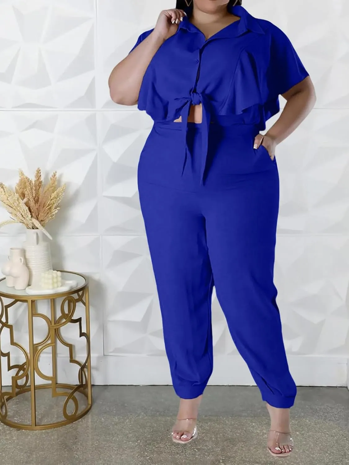 ThusFar Women Plus Size 2 Piece Outfits Sleeveless Ruffle Crop Top Casual Tracksuits Bodycon Pocket Lounge Matching Set
