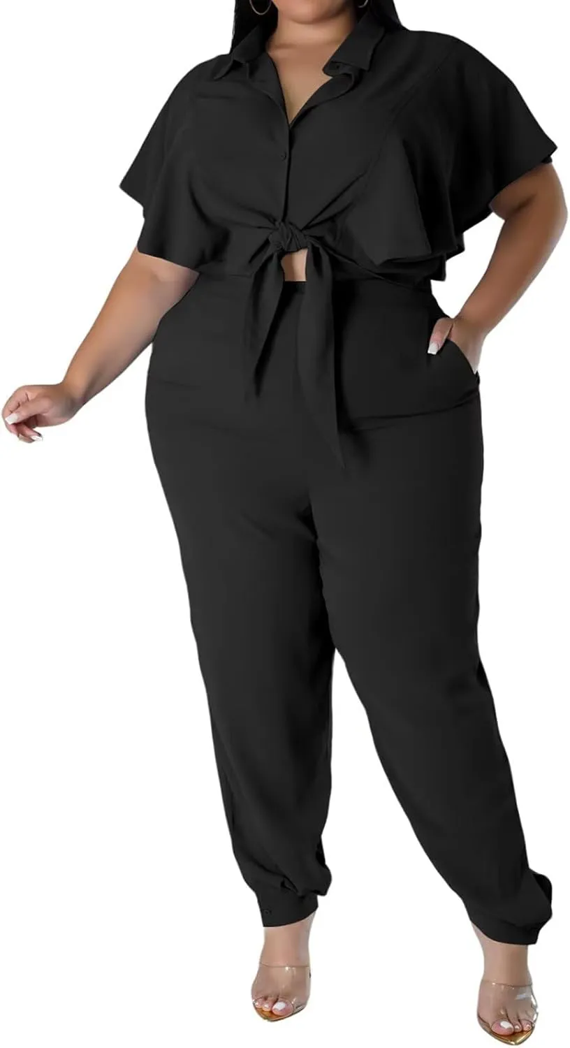 ThusFar Women Plus Size 2 Piece Outfits Sleeveless Ruffle Crop Top Casual Tracksuits Bodycon Pocket Lounge Matching Set