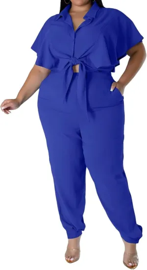 ThusFar Women Plus Size 2 Piece Outfits Sleeveless Ruffle Crop Top Casual Tracksuits Bodycon Pocket Lounge Matching Set