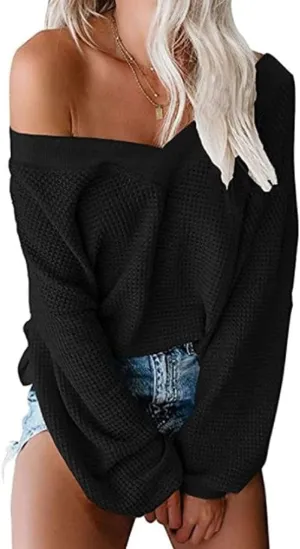 Tobrief Women's V Neck Long Sleeve Waffle Knit Tops Off Shoulder Oversized Pullover Sweater