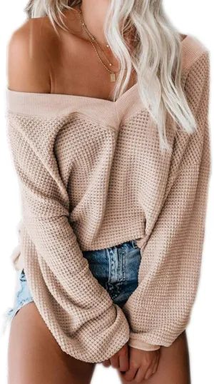 Tobrief Women's V Neck Long Sleeve Waffle Knit Tops Off Shoulder Oversized Pullover Sweater
