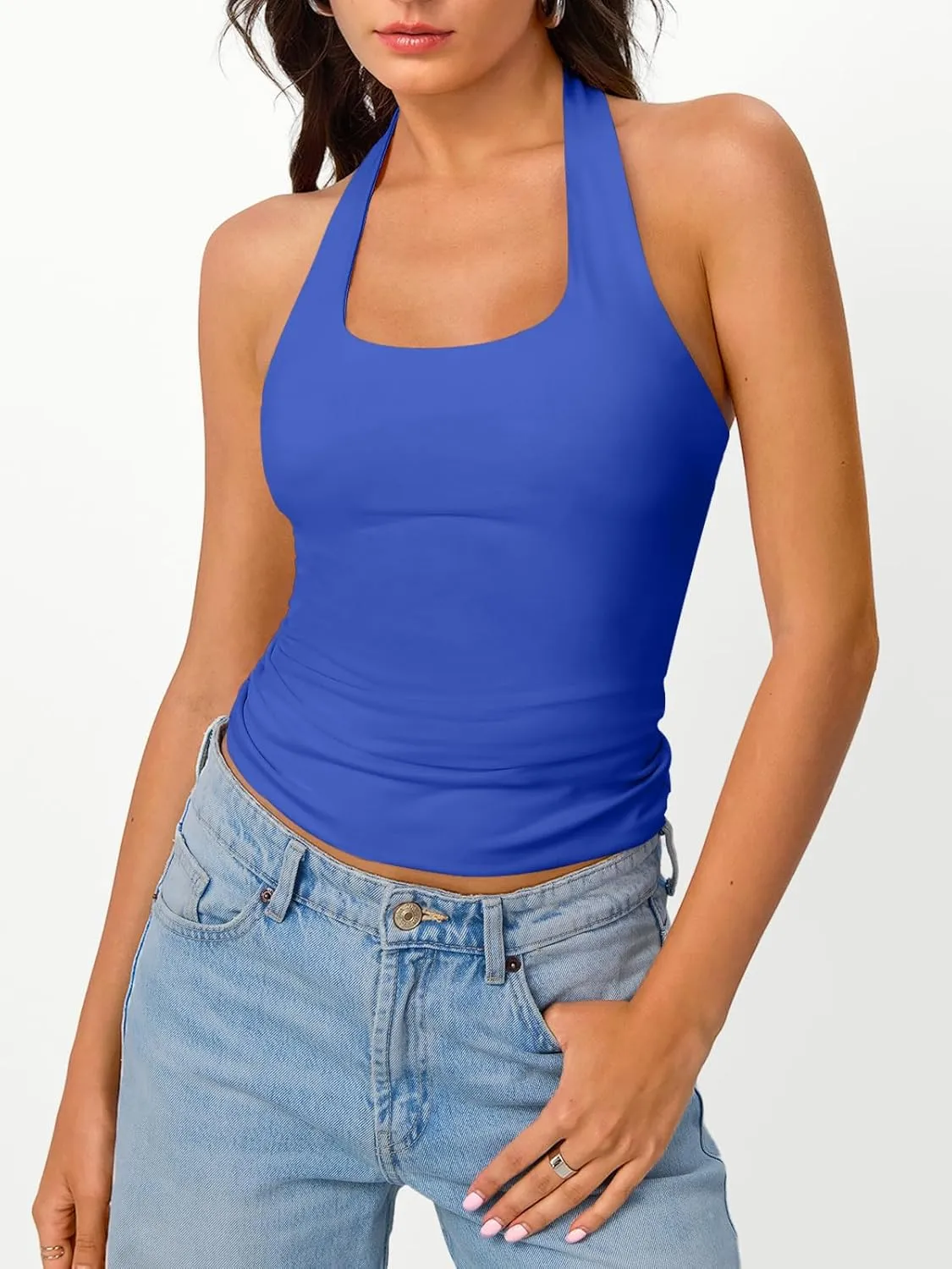 Trendy Queen Halter Tops for Women 2025 Summer Going Out Tops Backless Crop Sleeveless Workout Shirts Cute Y2k Clothes