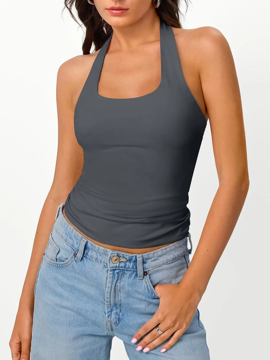 Trendy Queen Halter Tops for Women 2025 Summer Going Out Tops Backless Crop Sleeveless Workout Shirts Cute Y2k Clothes