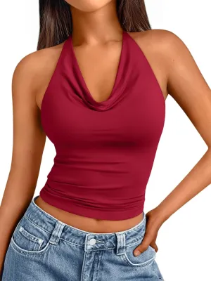 Trendy Queen Summer Tops for Women 2025 Going Out Cute y2k Shirts Halter Cowl Neck Backless Basic Vacation Outfits Clothes
