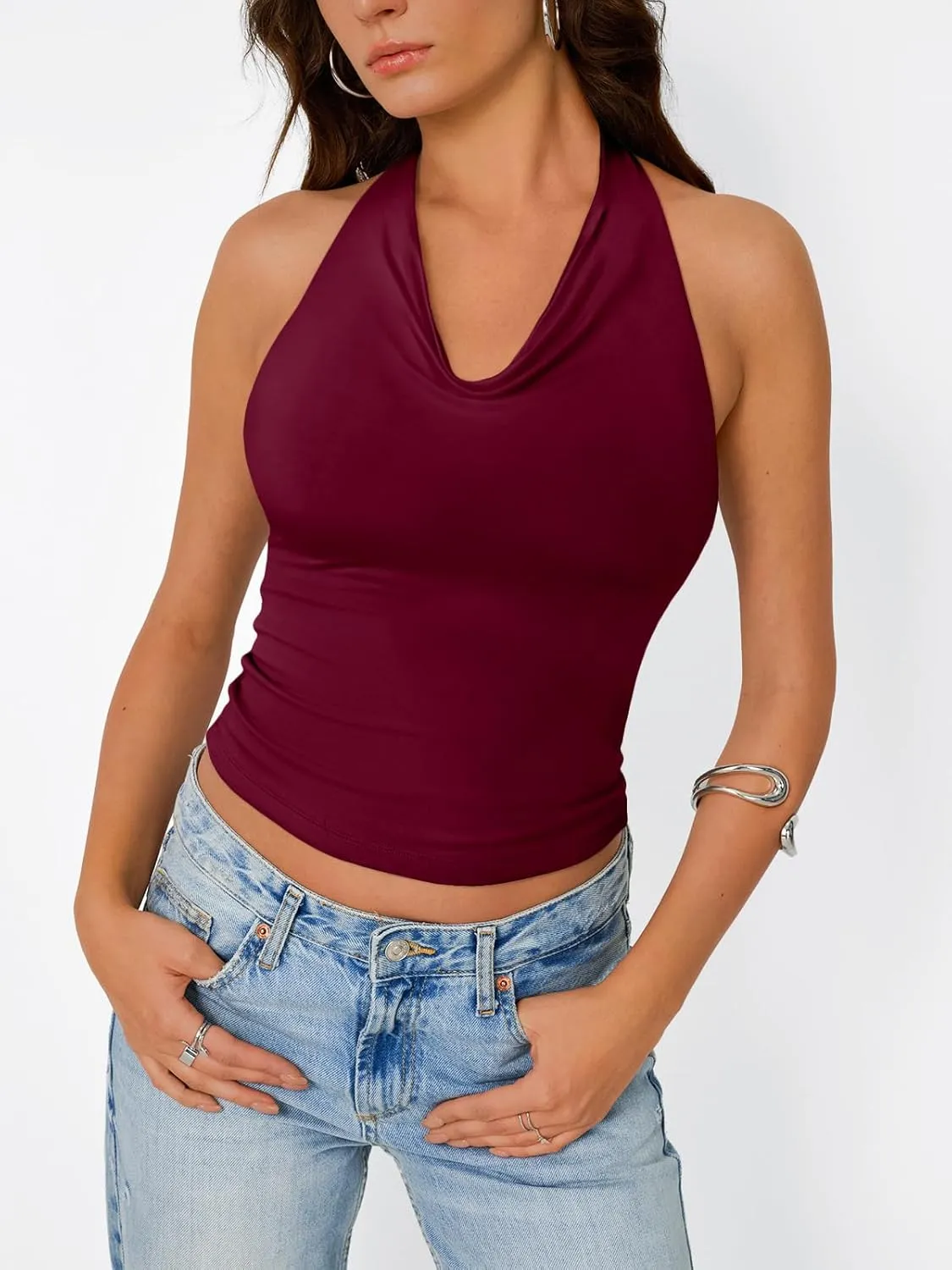 Trendy Queen Summer Tops for Women 2025 Going Out Cute y2k Shirts Halter Cowl Neck Backless Basic Vacation Outfits Clothes