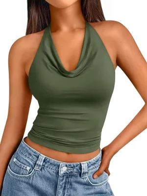 Trendy Queen Summer Tops for Women 2025 Going Out Cute y2k Shirts Halter Cowl Neck Backless Basic Vacation Outfits Clothes