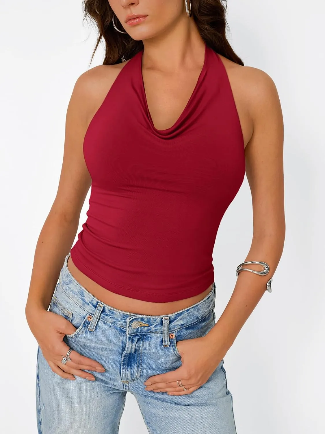 Trendy Queen Summer Tops for Women 2025 Going Out Cute y2k Shirts Halter Cowl Neck Backless Basic Vacation Outfits Clothes