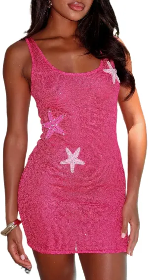 UAURORAO Women Starfish Mini Dress Sleeveless Sequin Star Fish Bodycon Knit Dress Sexy Glitter Party Beach Sundress