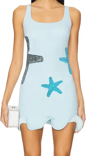UAURORAO Women Starfish Mini Dress Sleeveless Sequin Star Fish Bodycon Knit Dress Sexy Glitter Party Beach Sundress