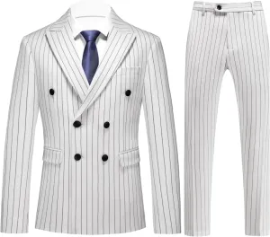 UNINUKOO Mens 2 Piece Pinstripe Suit for Men Double Breasted Tuxedo Business Wedding Dinner Party Jacket Pants Suit Set