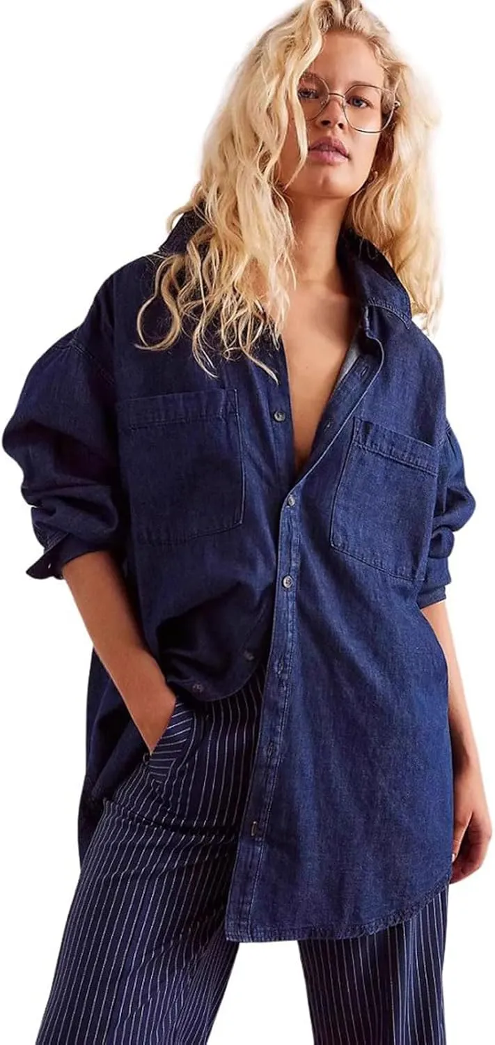 utcoco Womens Denim Shirt Jacket Retro Long Sleeve Button Down Blouse 2024 Casual Tops