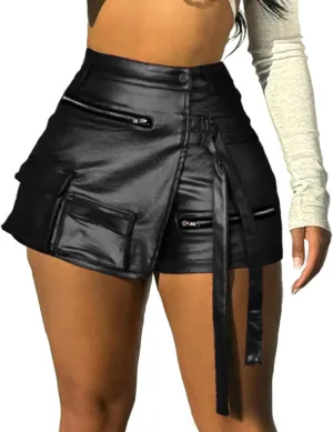 Vakkest Women's Metallic Cargo Shorts Summer PU Leather Irregular Split with Pockets Stretchy Y2K Streetwear Skirt Skorts