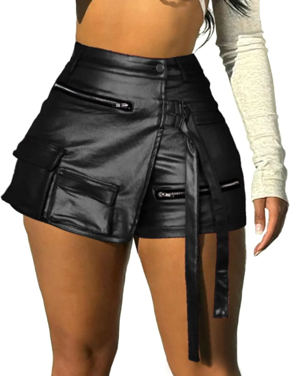 Vakkest Women's Metallic Cargo Shorts Summer PU Leather Irregular Split with Pockets Stretchy Y2K Streetwear Skirt Skorts