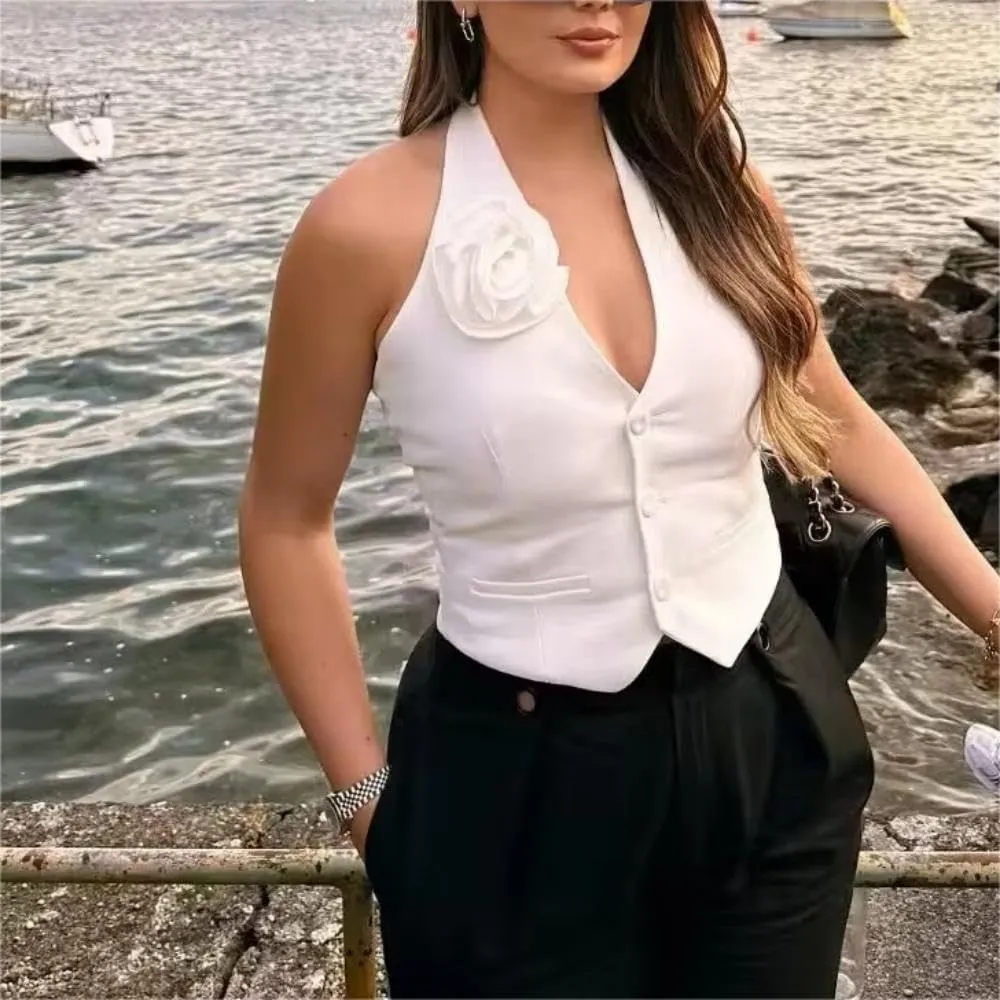 Vest Tops for Women Flowers V Neck Business Casual Sleeveless Summer Casual Single Breasted Jacket S~L