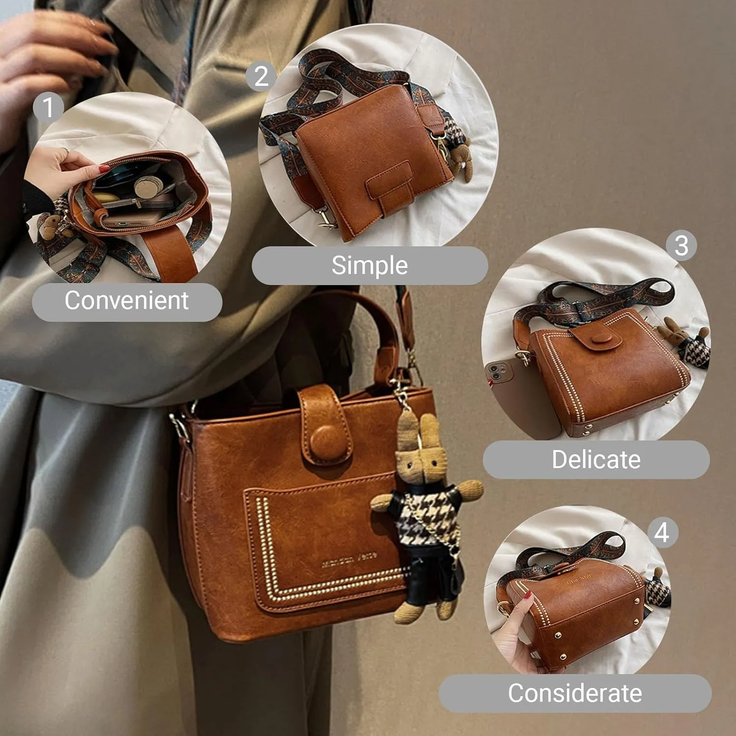 Vintage Fashion Bag with Adjustable Wider Shoulder Strap for Women,Crossbody Bags for Women,Leather PU Bucket Bags