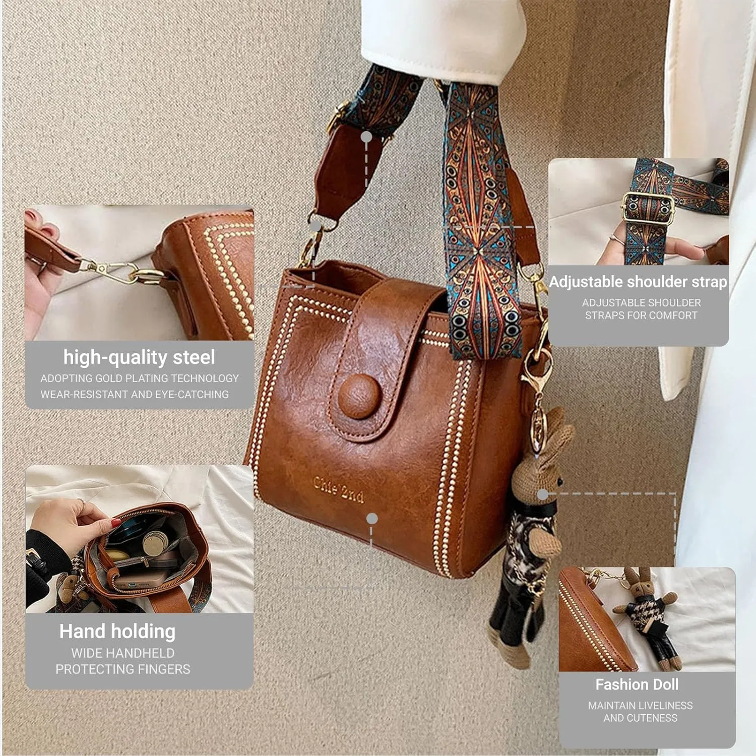 Vintage Fashion Bag with Adjustable Wider Shoulder Strap for Women,Crossbody Bags for Women,Leather PU Bucket Bags
