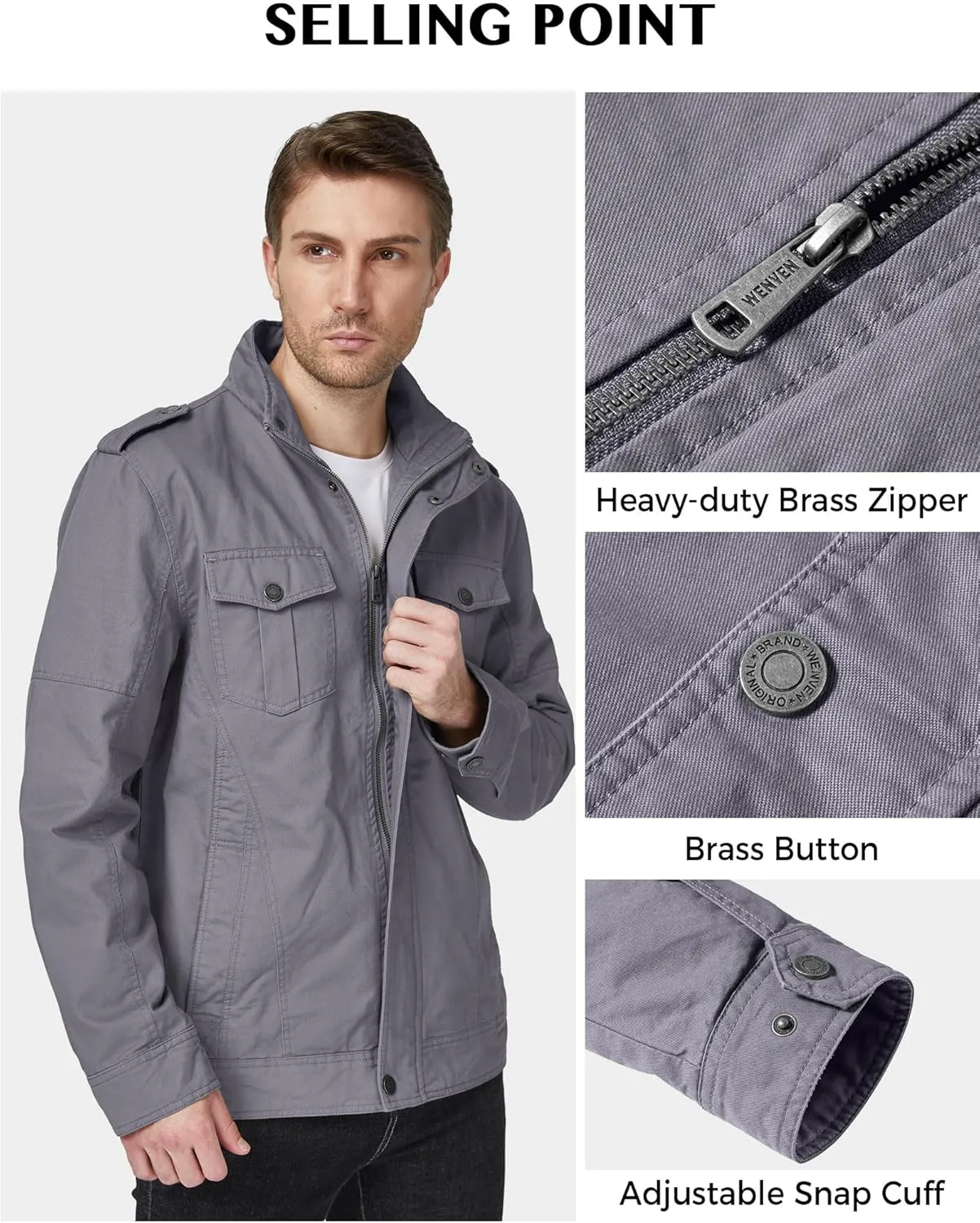WenVen Men's Casual Washed Cotton Military Jacket