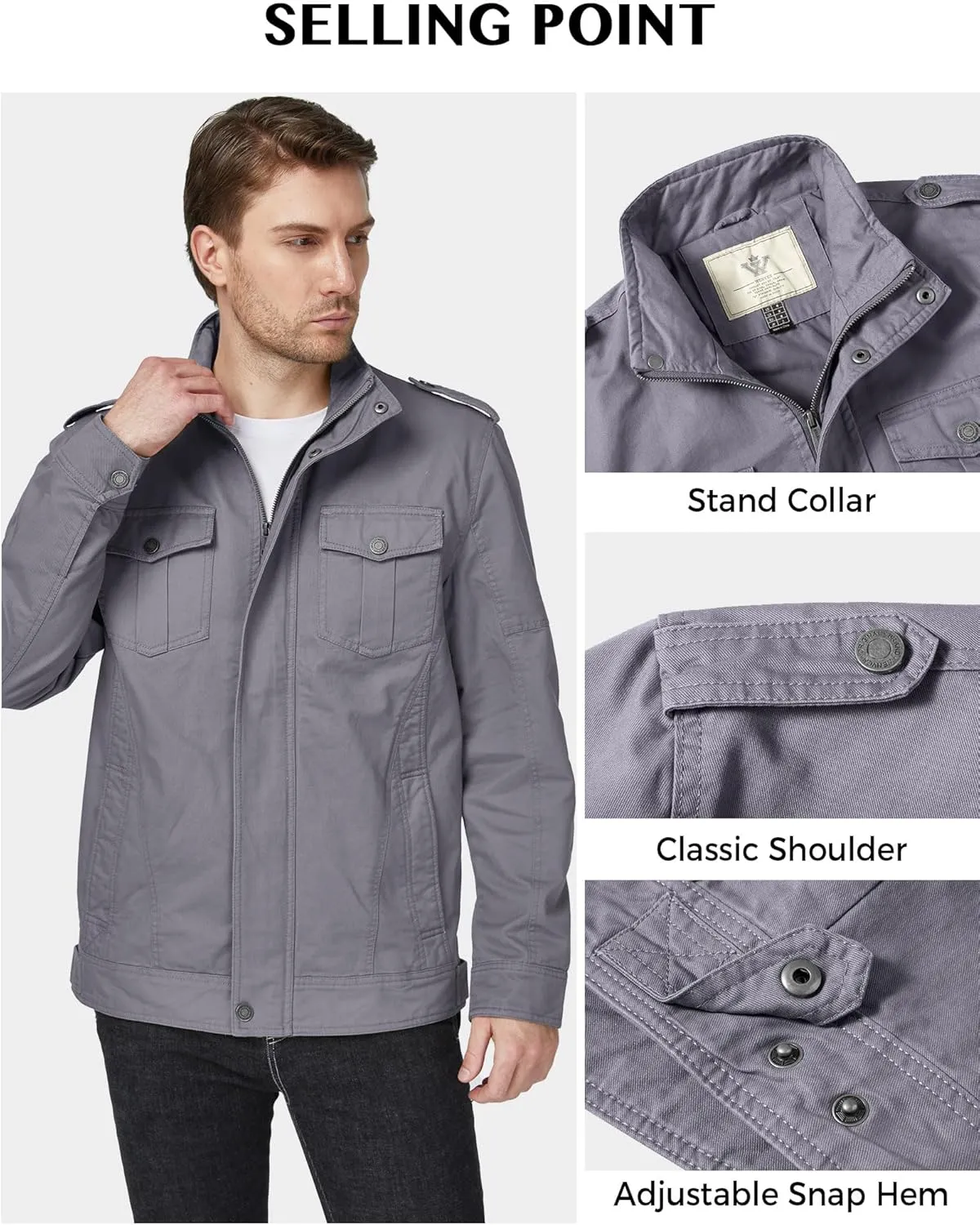 WenVen Men's Casual Washed Cotton Military Jacket