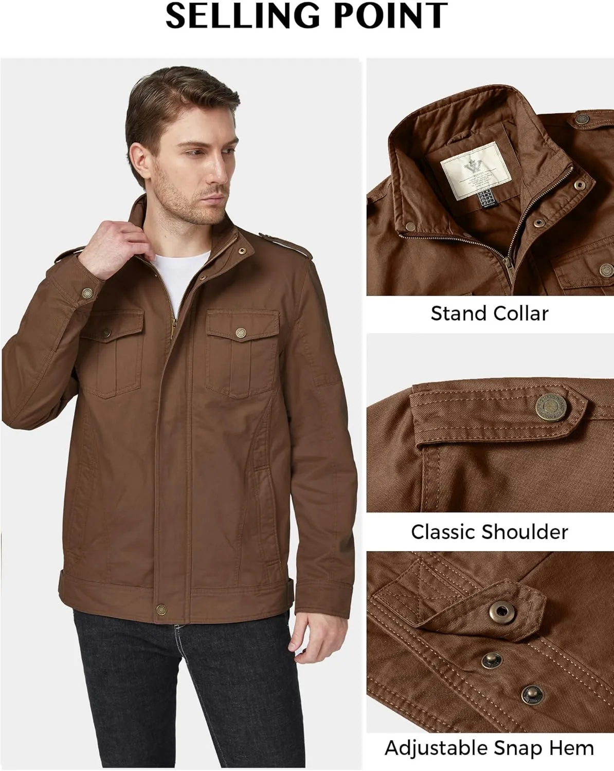 WenVen Men's Casual Washed Cotton Military Jacket