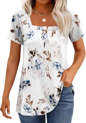WNEEDU Women's Summer Tunic Tops Casual Short Sleeve Square Neck T-Shirt Loose Fit for Leggings