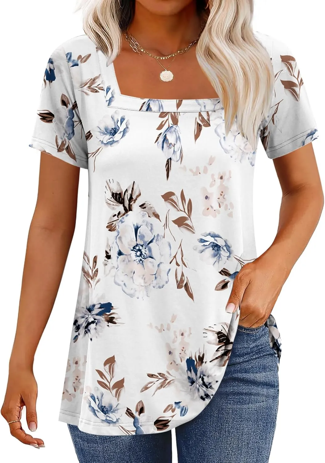 WNEEDU Women's Summer Tunic Tops Casual Short Sleeve Square Neck T-Shirt Loose Fit for Leggings