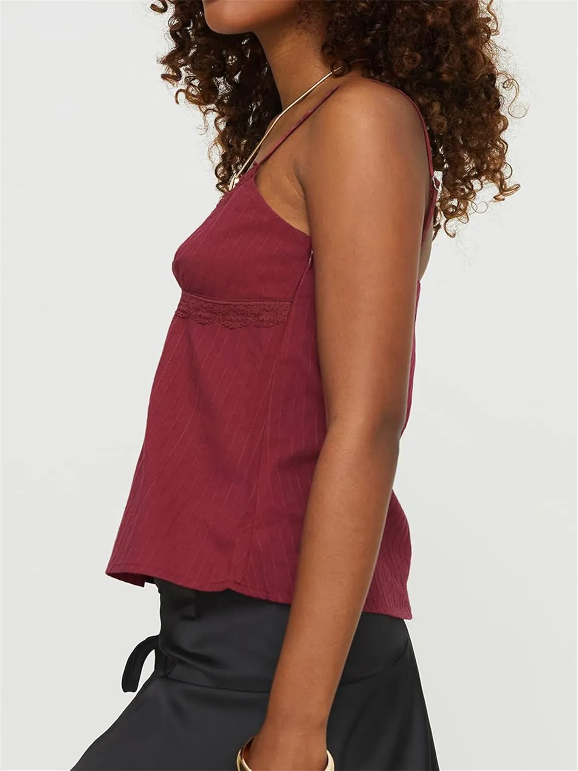 Women Babydoll Tank Tops Y2k Lace Trim V Neck Sleeveless Spaghetti Straps Camisole Flared Hem Flowy Peplum Cami Tops