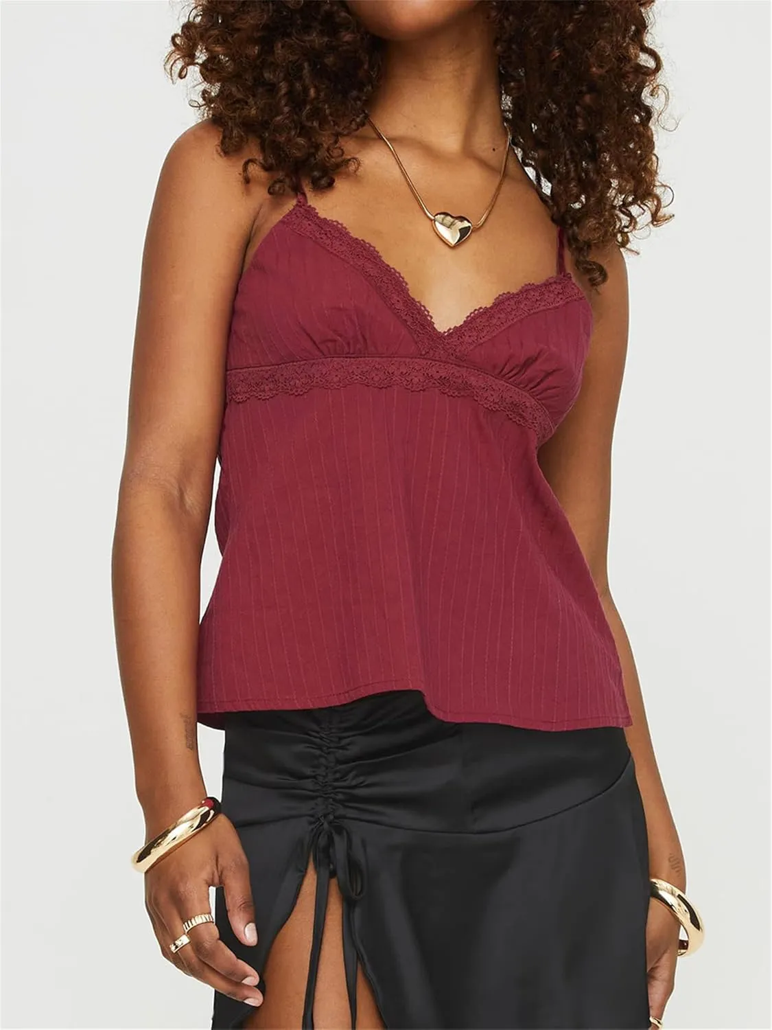 Women Babydoll Tank Tops Y2k Lace Trim V Neck Sleeveless Spaghetti Straps Camisole Flared Hem Flowy Peplum Cami Tops