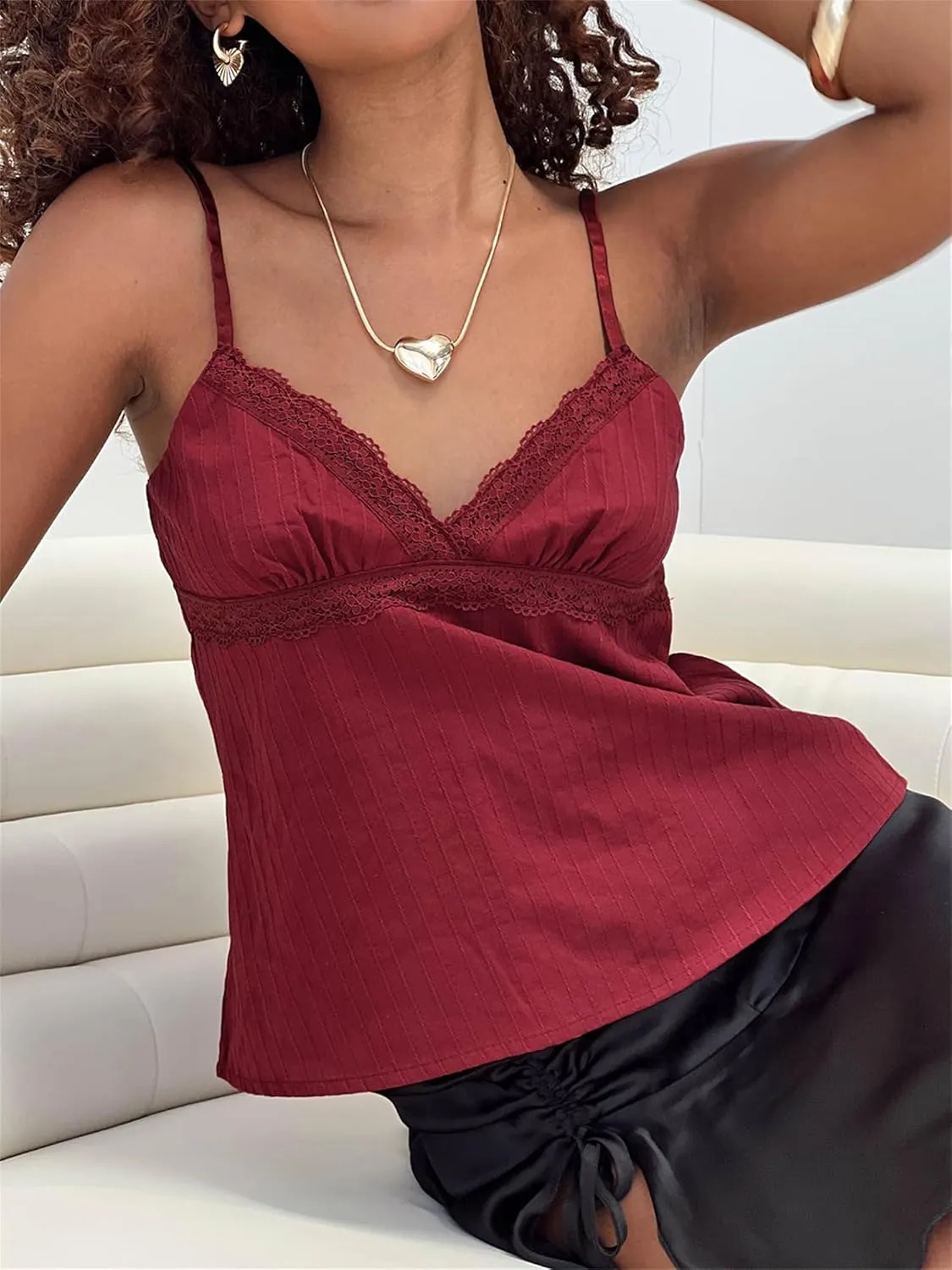 Women Babydoll Tank Tops Y2k Lace Trim V Neck Sleeveless Spaghetti Straps Camisole Flared Hem Flowy Peplum Cami Tops