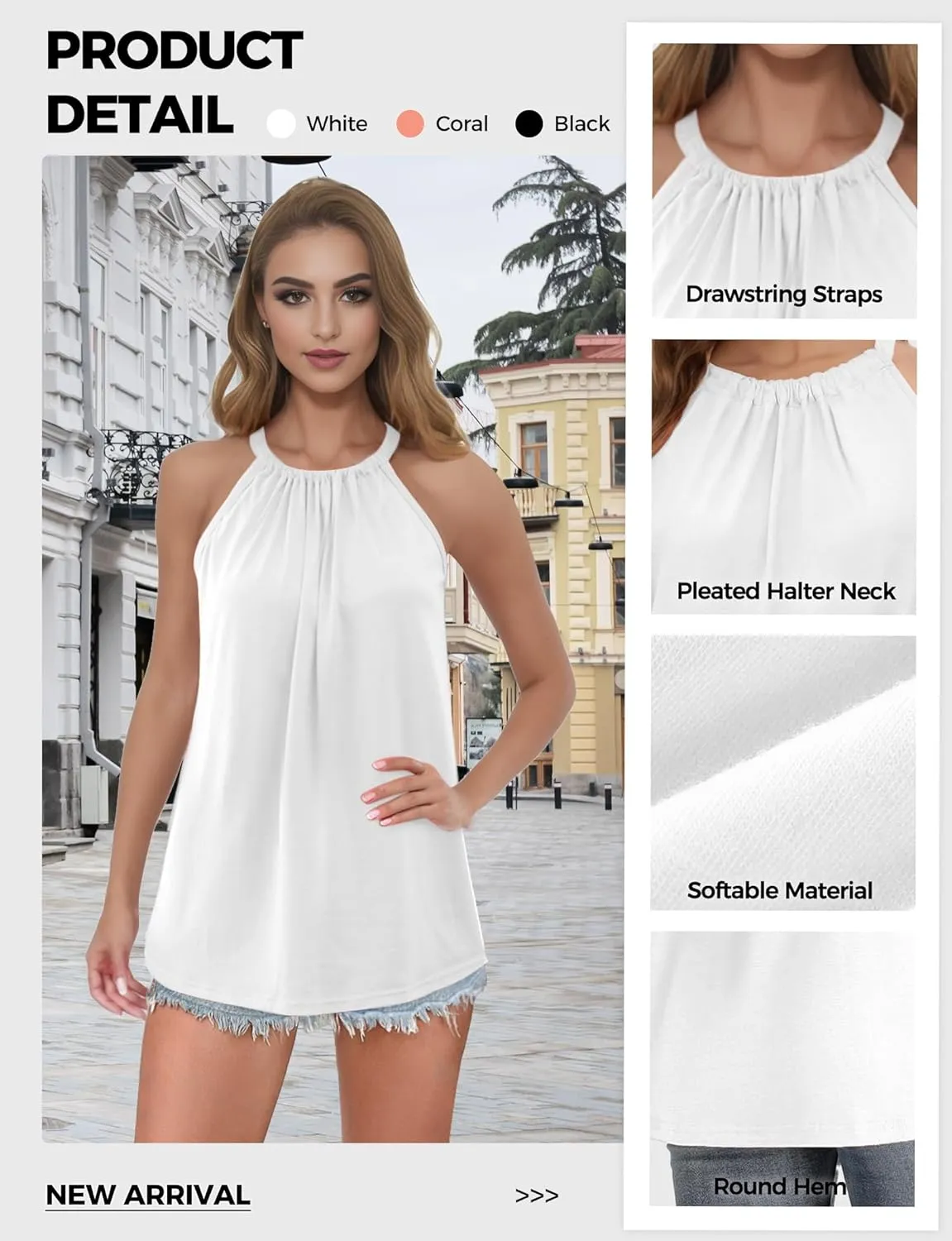 Women Halter Tank Tops, Pleated Loose Fit Sleeveless Tops, Drawstring High Neck Tank Top for Women, Summer Shirts Going Out
