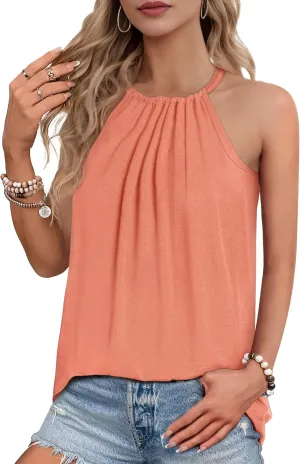 Women Halter Tank Tops, Pleated Loose Fit Sleeveless Tops, Drawstring High Neck Tank Top for Women, Summer Shirts Going Out