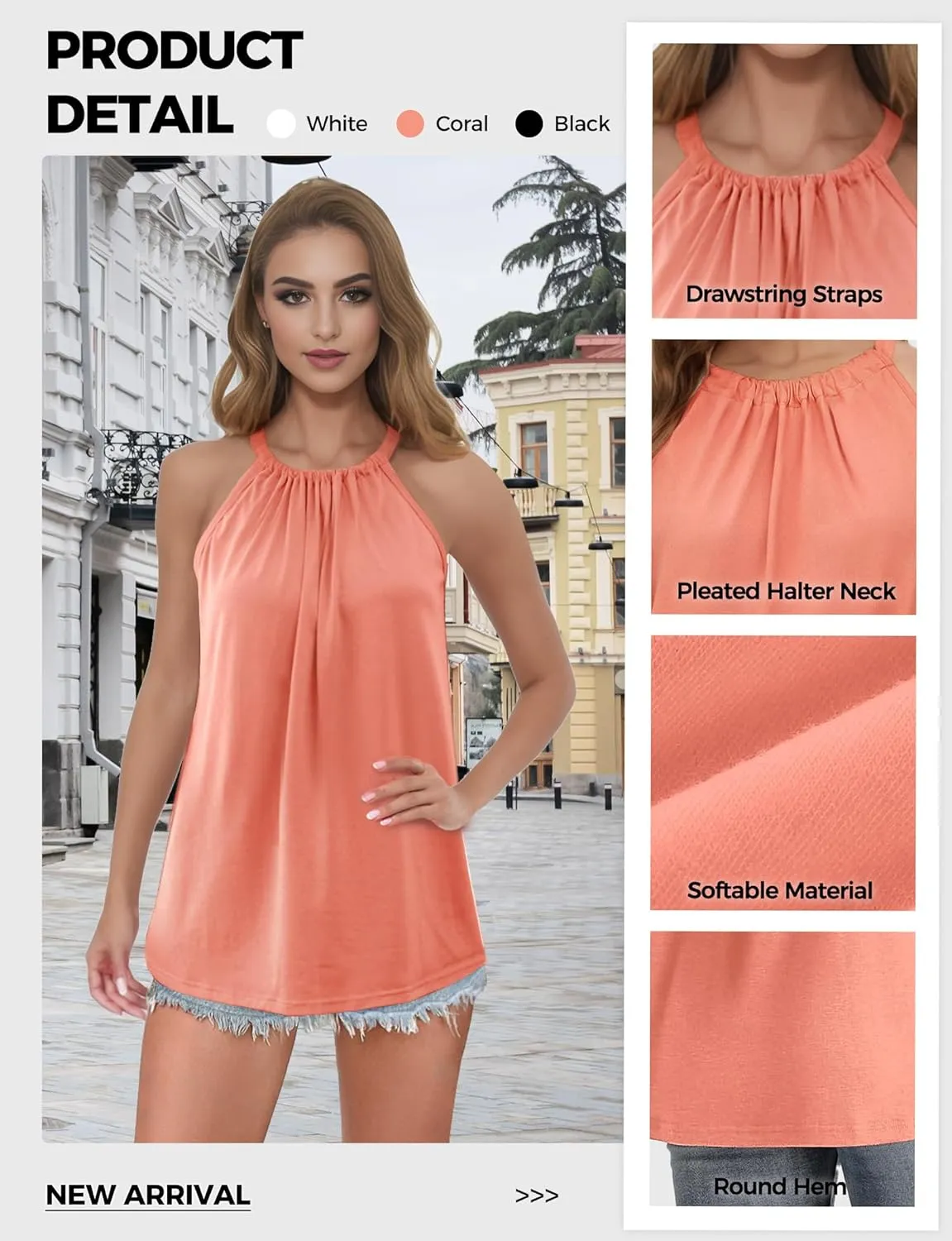 Women Halter Tank Tops, Pleated Loose Fit Sleeveless Tops, Drawstring High Neck Tank Top for Women, Summer Shirts Going Out