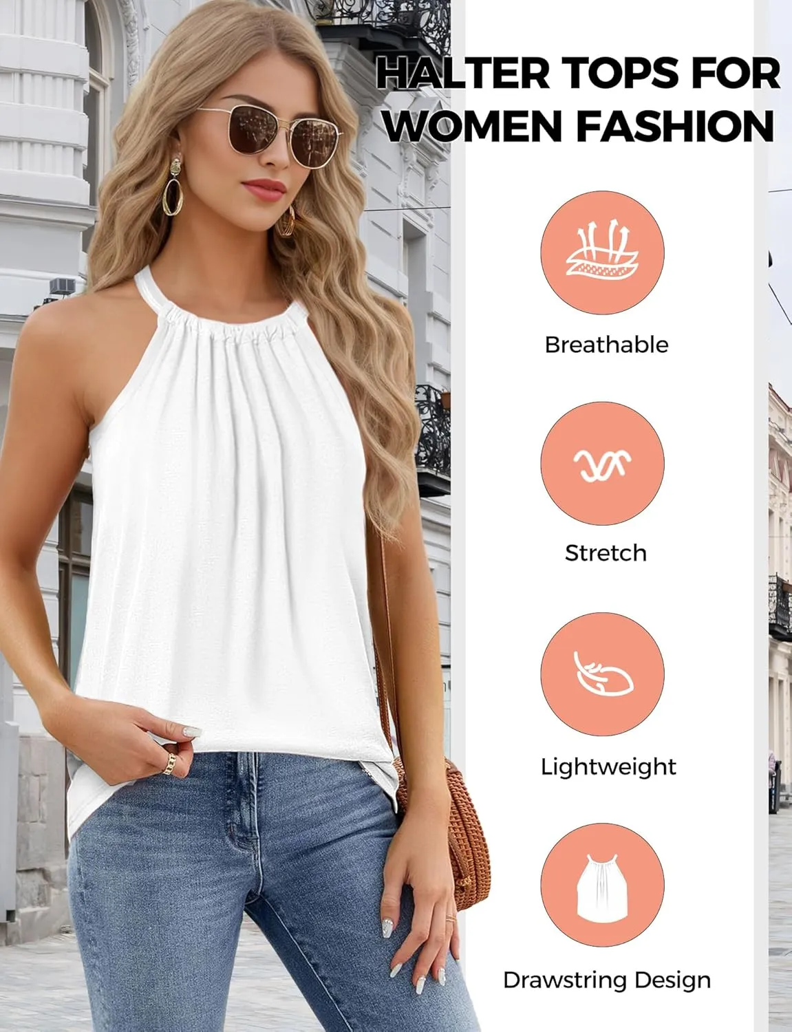 Women Halter Tank Tops, Pleated Loose Fit Sleeveless Tops, Drawstring High Neck Tank Top for Women, Summer Shirts Going Out