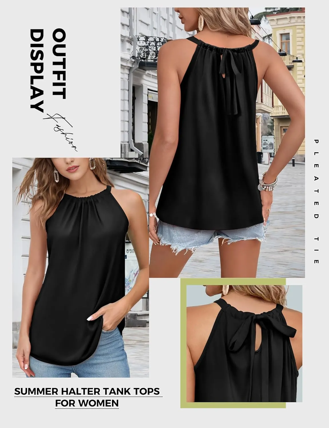 Women Halter Tank Tops, Pleated Loose Fit Sleeveless Tops, Drawstring High Neck Tank Top for Women, Summer Shirts Going Out