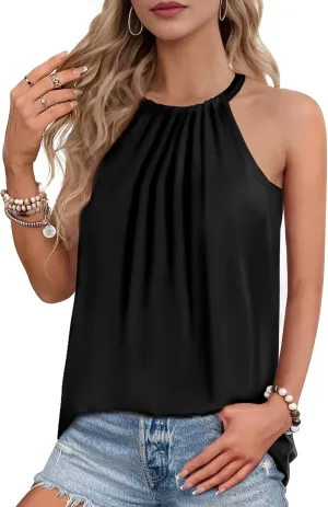 Women Halter Tank Tops, Pleated Loose Fit Sleeveless Tops, Drawstring High Neck Tank Top for Women, Summer Shirts Going Out