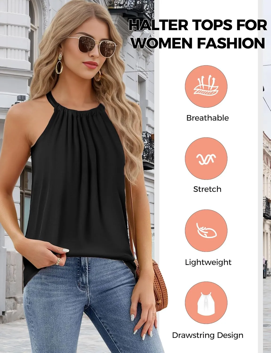 Women Halter Tank Tops, Pleated Loose Fit Sleeveless Tops, Drawstring High Neck Tank Top for Women, Summer Shirts Going Out