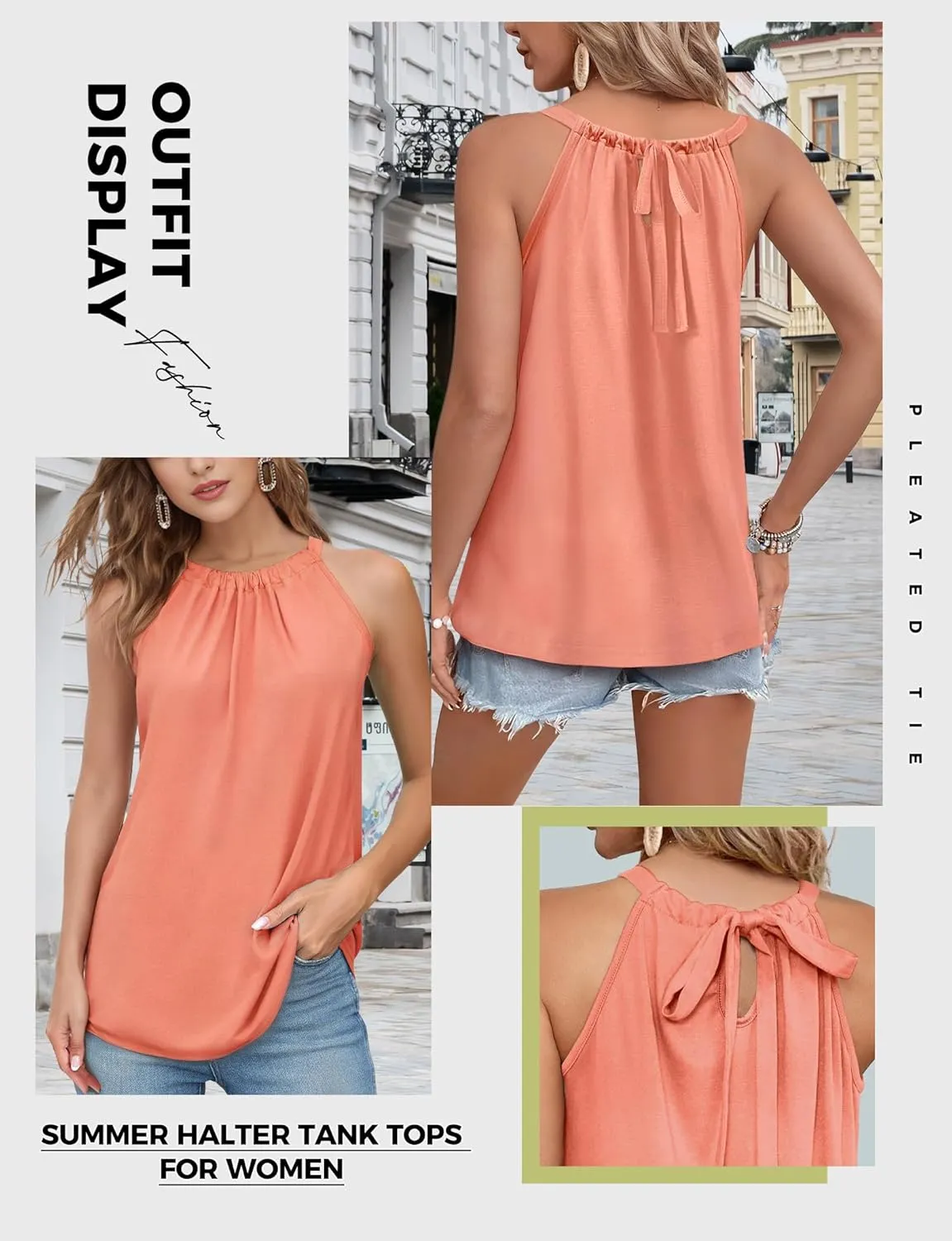 Women Halter Tank Tops, Pleated Loose Fit Sleeveless Tops, Drawstring High Neck Tank Top for Women, Summer Shirts Going Out