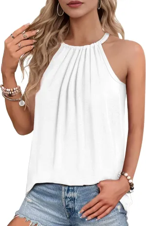 Women Halter Tank Tops, Pleated Loose Fit Sleeveless Tops, Drawstring High Neck Tank Top for Women, Summer Shirts Going Out