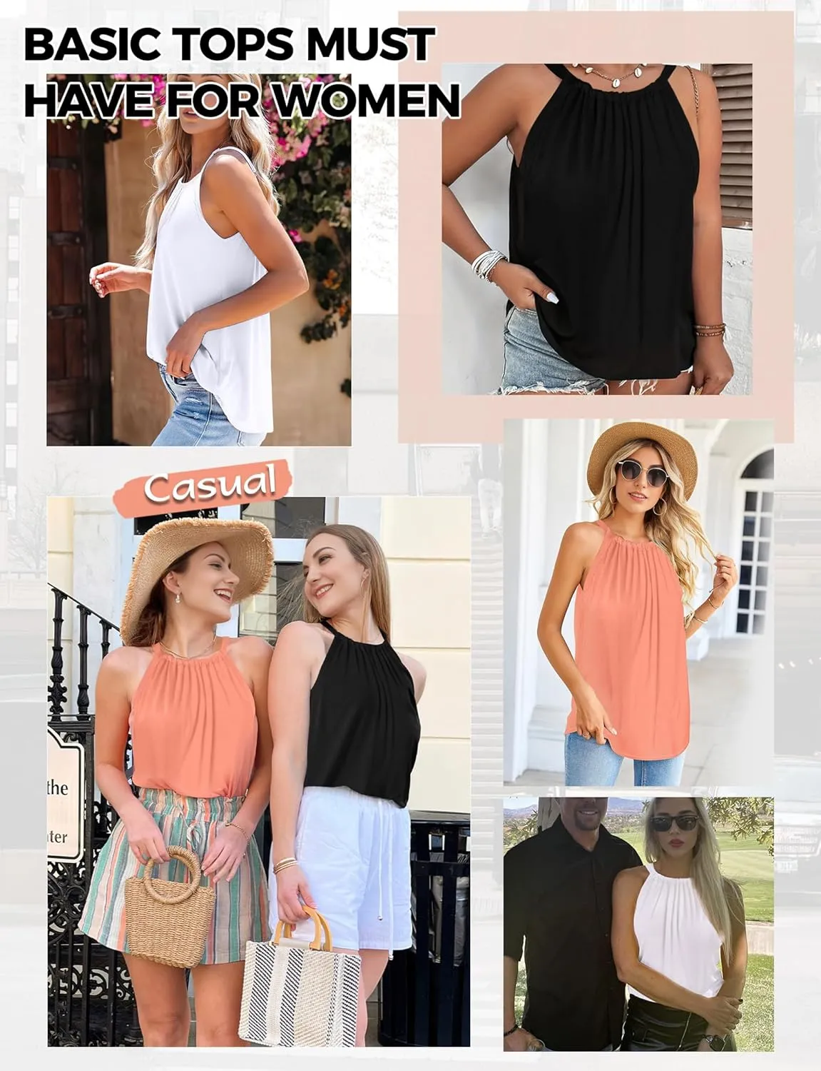 Women Halter Tank Tops, Pleated Loose Fit Sleeveless Tops, Drawstring High Neck Tank Top for Women, Summer Shirts Going Out