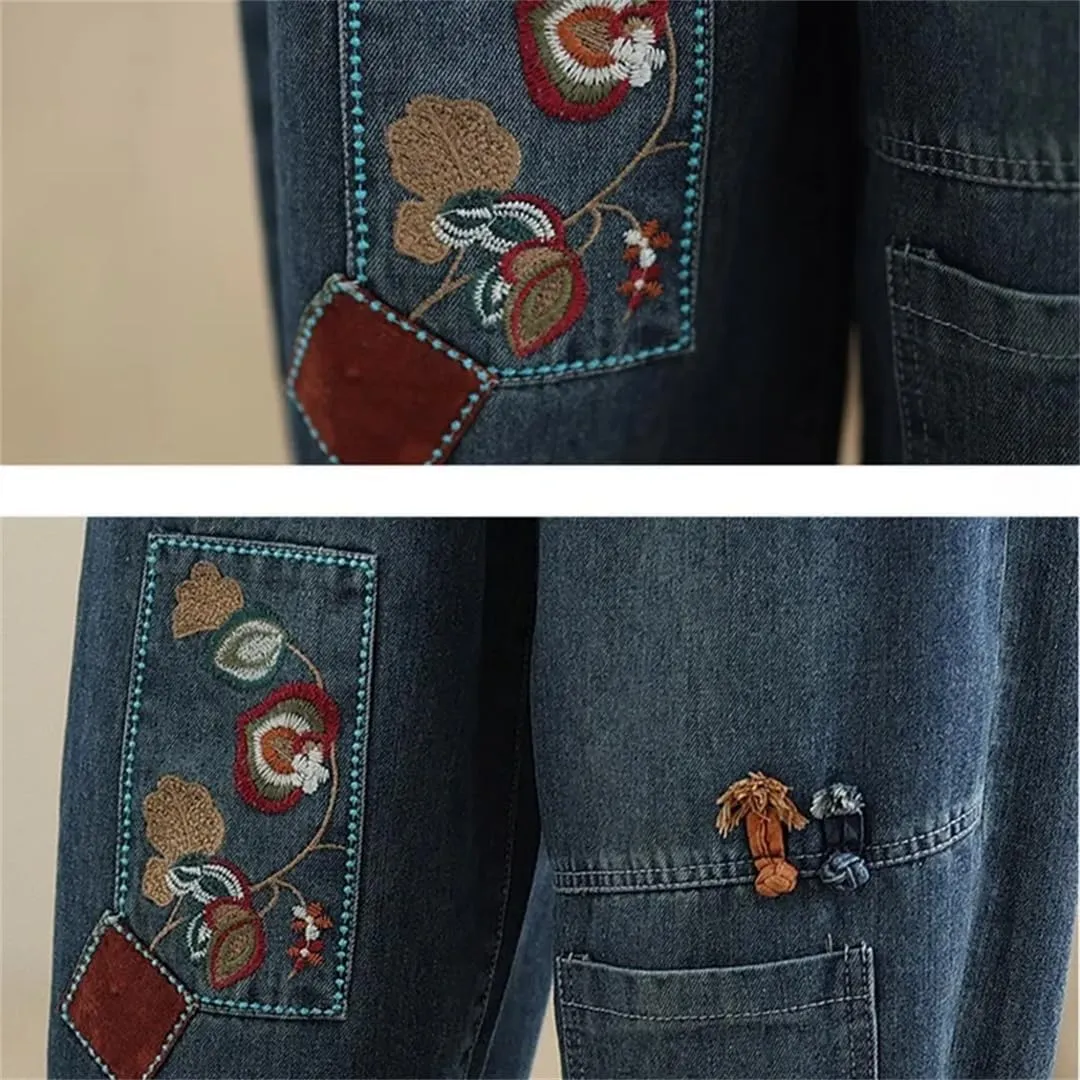 Women High Waist Casual Jeans Vintage Style Floral Embroidery Basics Denim Harem Pants