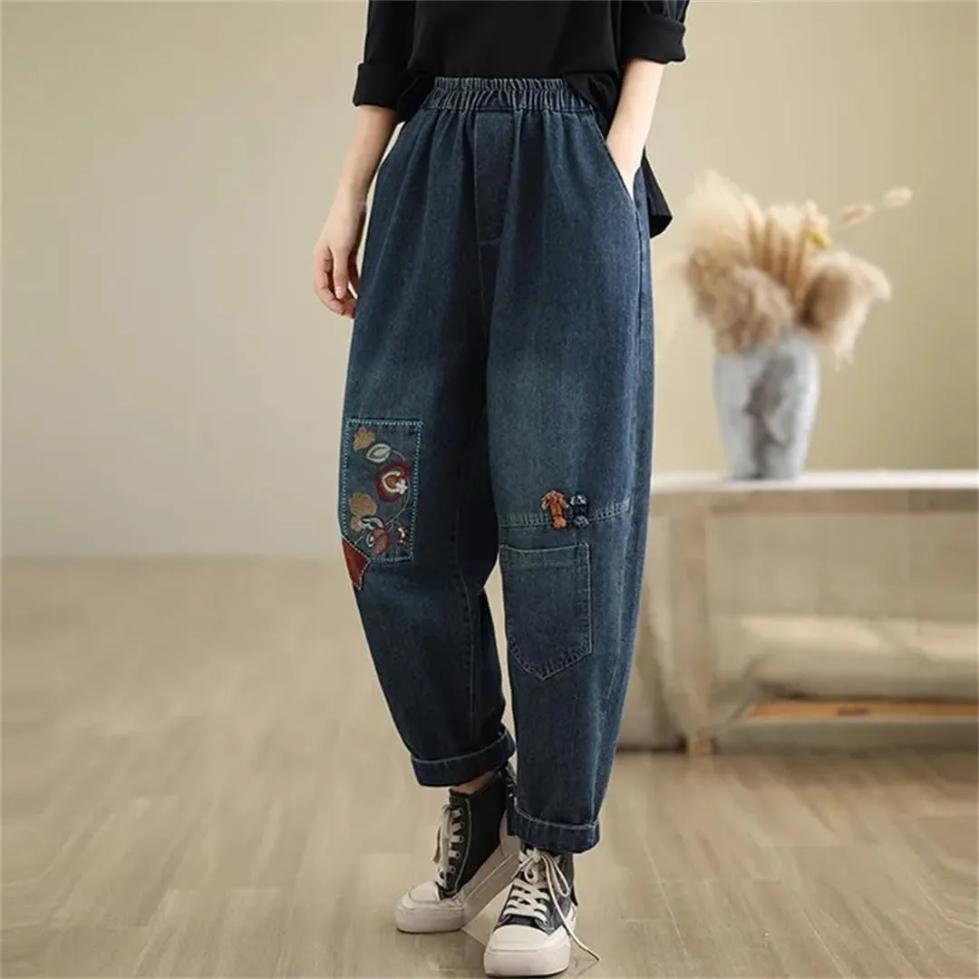 Women High Waist Casual Jeans Vintage Style Floral Embroidery Basics Denim Harem Pants