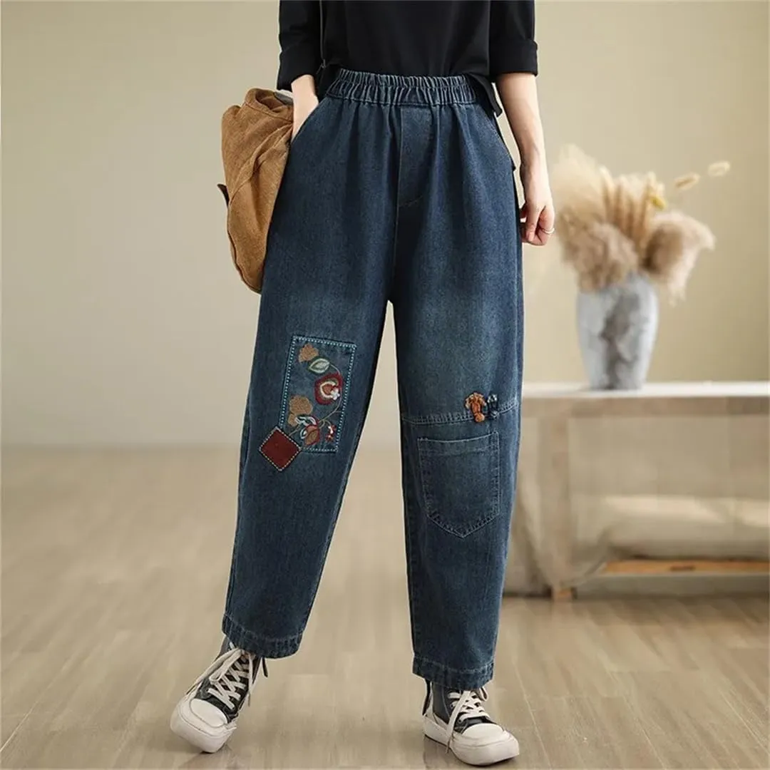 Women High Waist Casual Jeans Vintage Style Floral Embroidery Basics Denim Harem Pants